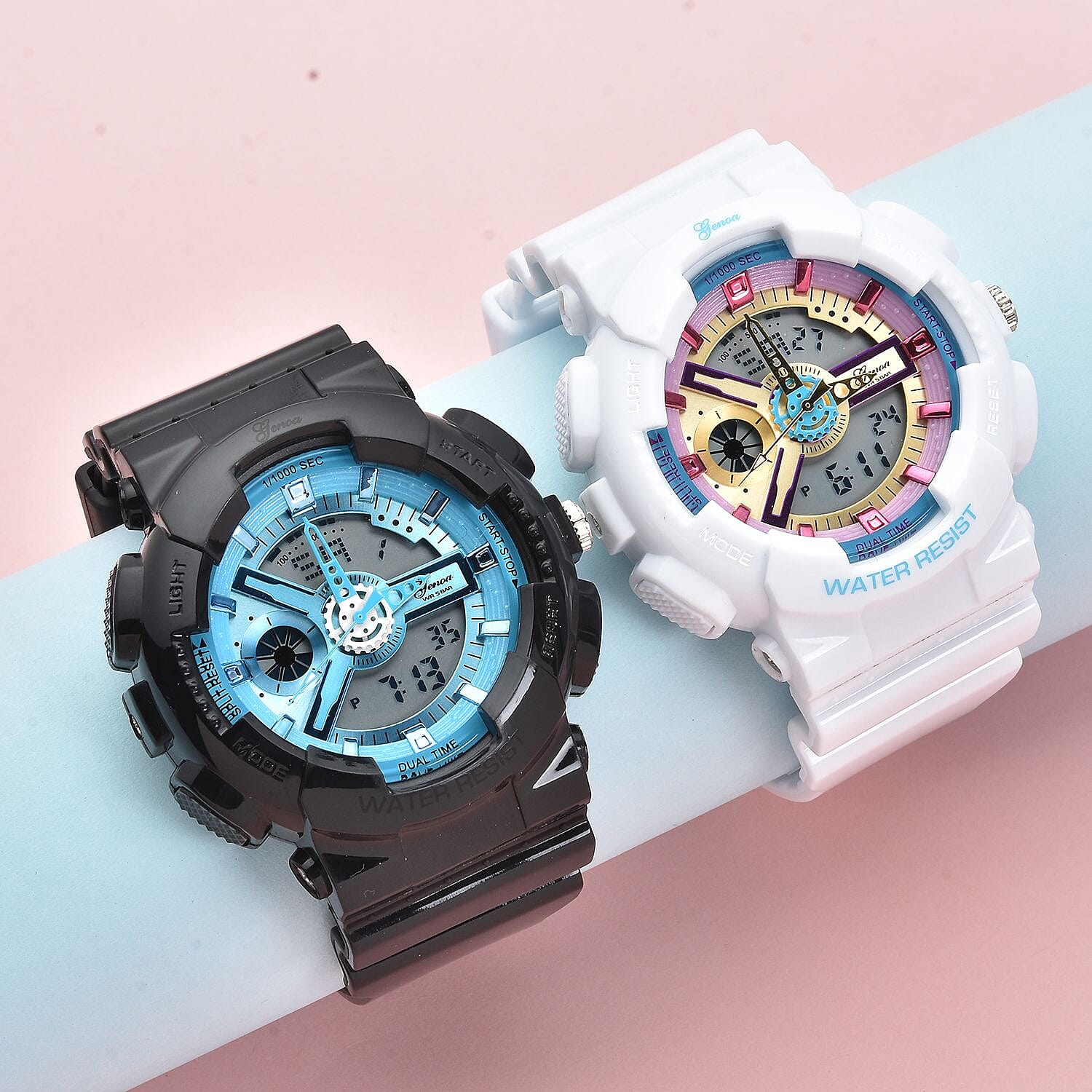 Set of 2 - GENOA Japanese Movement and Digital Water Resistant Watch - Black - White