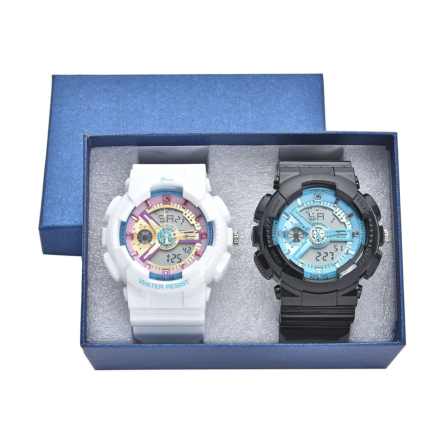 Set of 2 - GENOA Japanese Movement and Digital Water Resistant Watch - Black - White