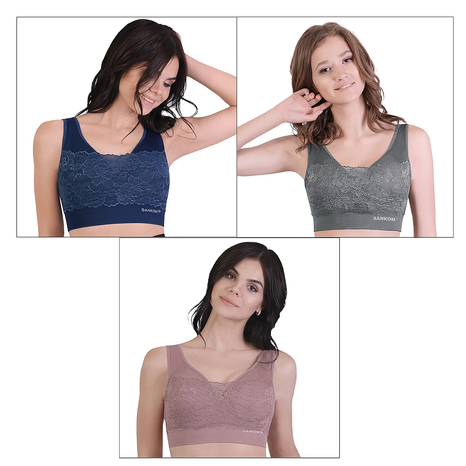 Set of 3 - SANKOM SWITZERLAND Premium Bra with Panel Lace (Size M,12-14) - Dusty Rose, Grey & Navy Blue