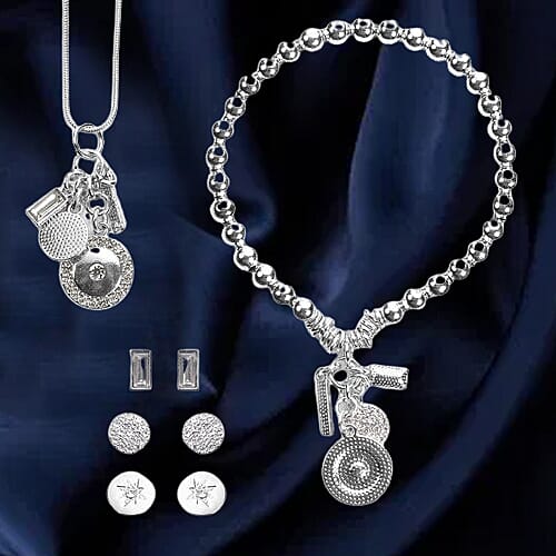 5 Piece Set - White Austrian Crystal and Simulated Diamond Stud Earrings (3 Pcs), Stretchable Bracelet with Charms (Size 7.5) and Pendant with Chain