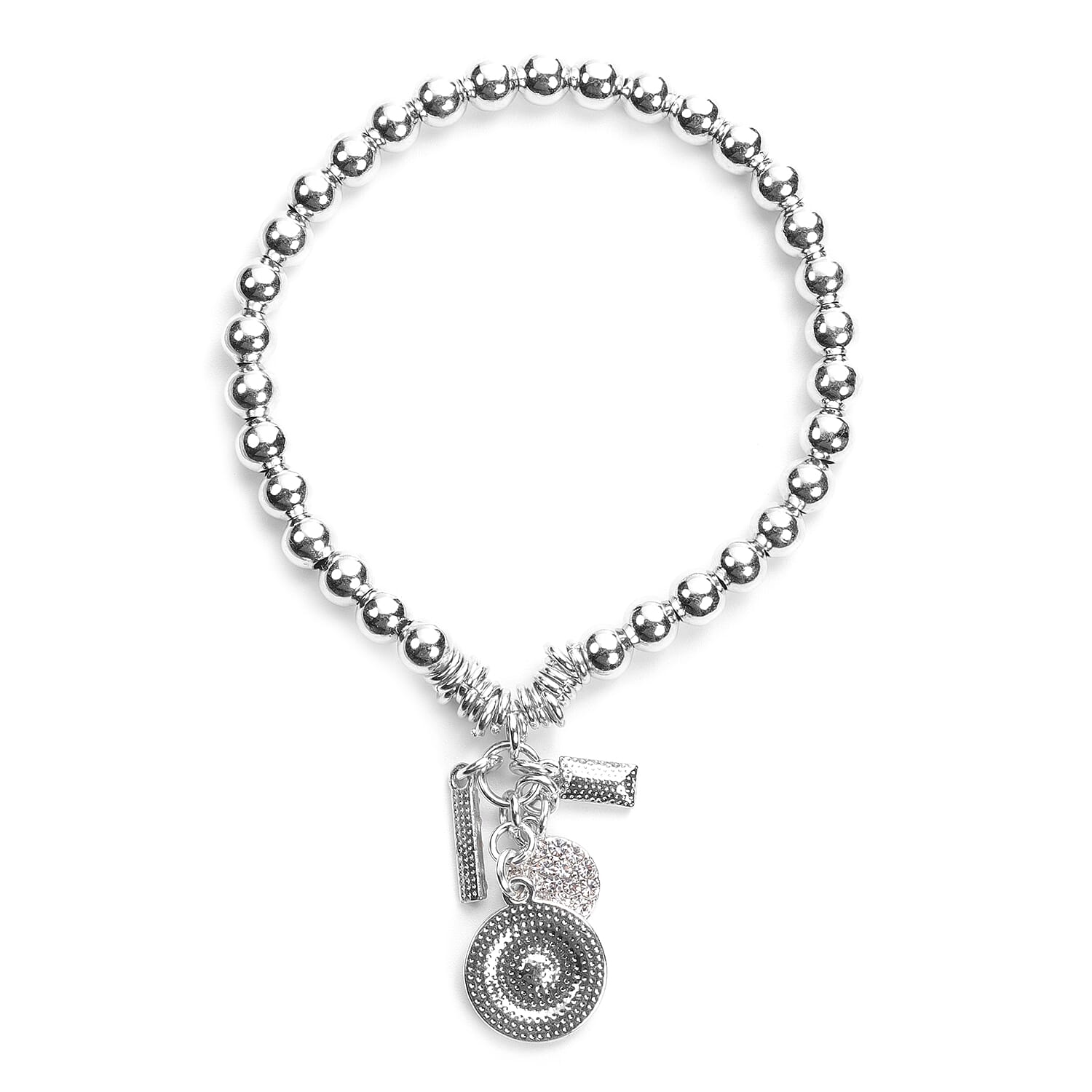 5 Piece Set - White Austrian Crystal and Simulated Diamond Stud Earrings (3 Pcs), Stretchable Bracelet with Charms (Size 7.5) and Pendant with Chain