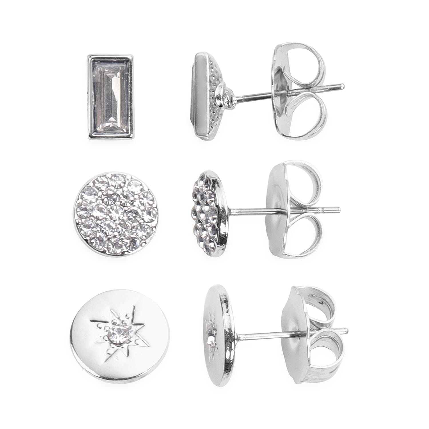 5 Piece Set - White Austrian Crystal and Simulated Diamond Stud Earrings (3 Pcs), Stretchable Bracelet with Charms (Size 7.5) and Pendant with Chain