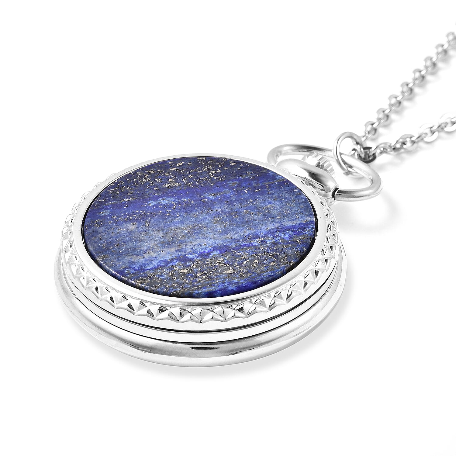 STRADA Japanese Movement Pocket Watch with Chain in Stainless Steel with 3 Replaceable Gemstone Ring (Lapis Lazuli, Tigers Eye and Abalone Shell)