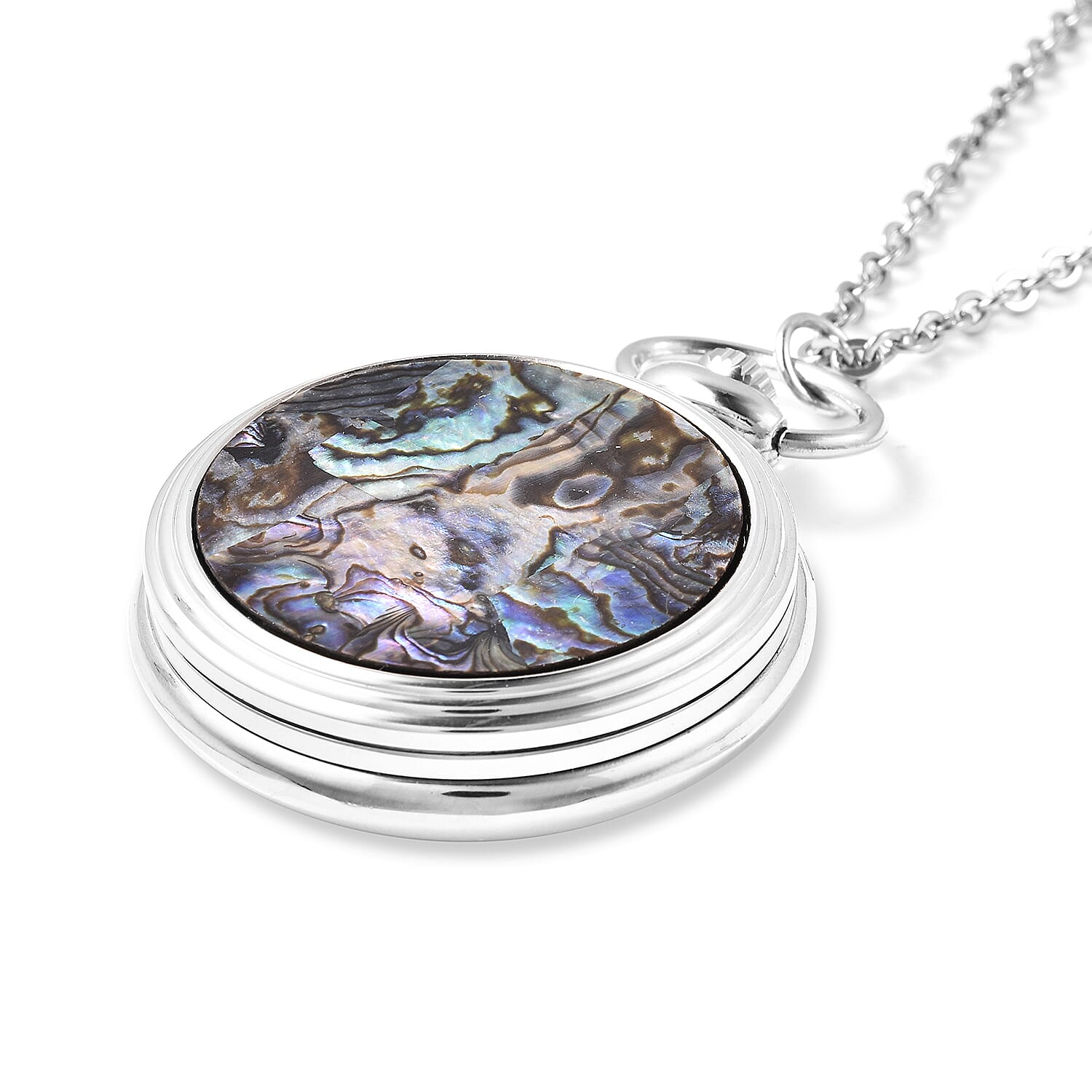 STRADA Japanese Movement Pocket Watch with Chain in Stainless Steel with 3 Replaceable Gemstone Ring (Lapis Lazuli, Tigers Eye and Abalone Shell)