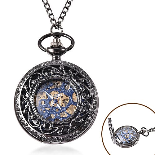 GENOA Automatic Mechanical Hollow-Out Star Pattern Skeleton Pocket Watch with Chain in Black Tone