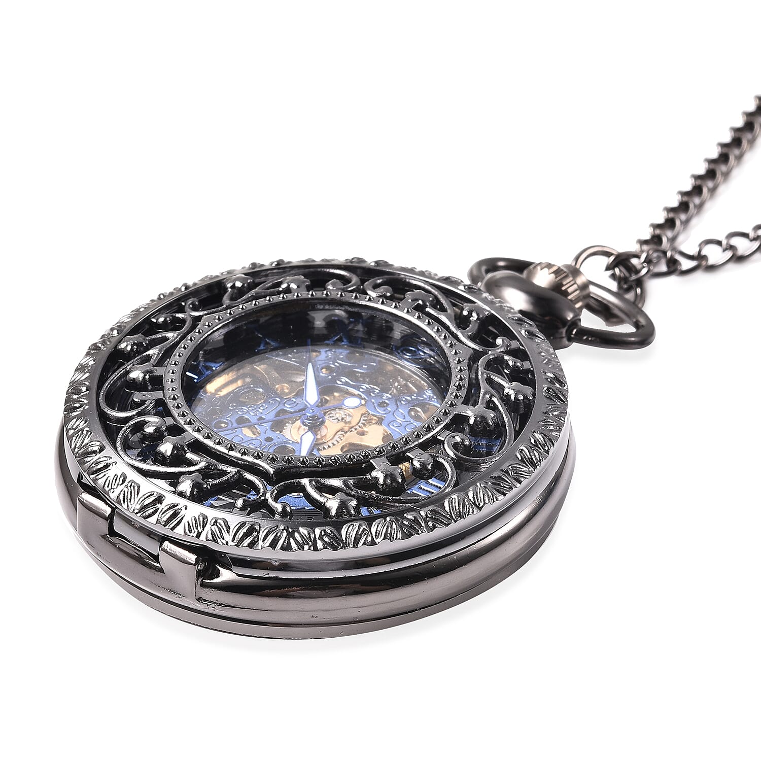 GENOA Automatic Mechanical Hollow-Out Star Pattern Skeleton Pocket Watch with Chain in Black Tone