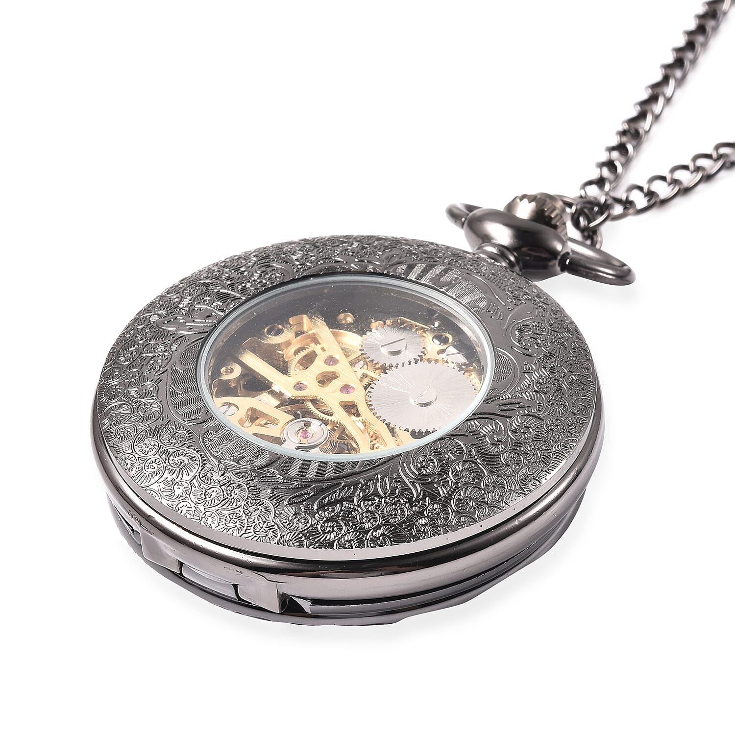 GENOA Automatic Mechanical Hollow-Out Star Pattern Skeleton Pocket Watch with Chain in Black Tone