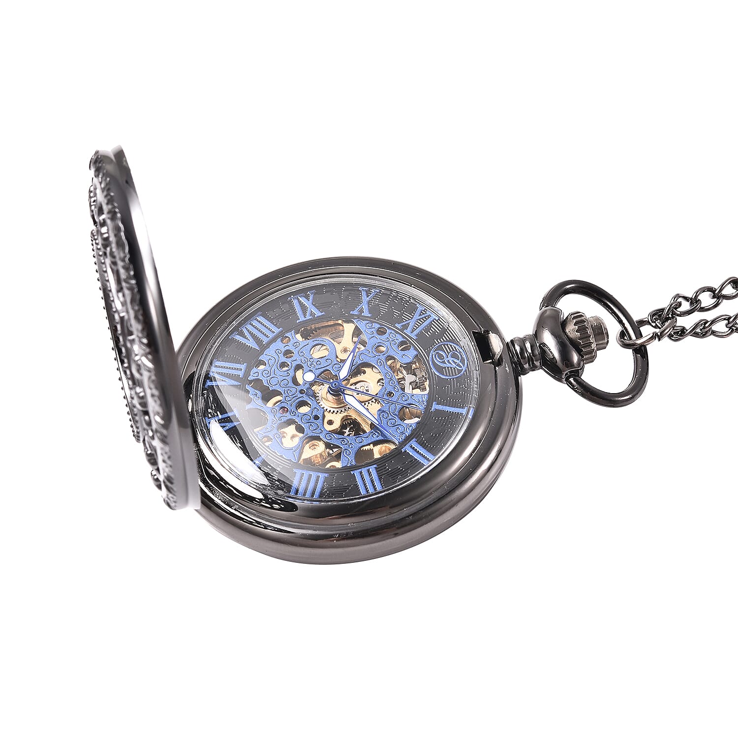 GENOA Automatic Mechanical Hollow-Out Star Pattern Skeleton Pocket Watch with Chain in Black Tone