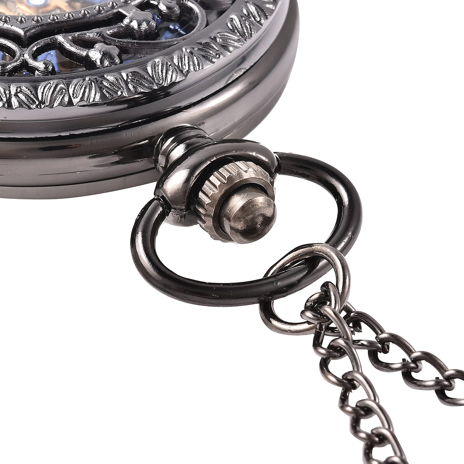GENOA Automatic Mechanical Hollow-Out Star Pattern Skeleton Pocket Watch with Chain in Black Tone