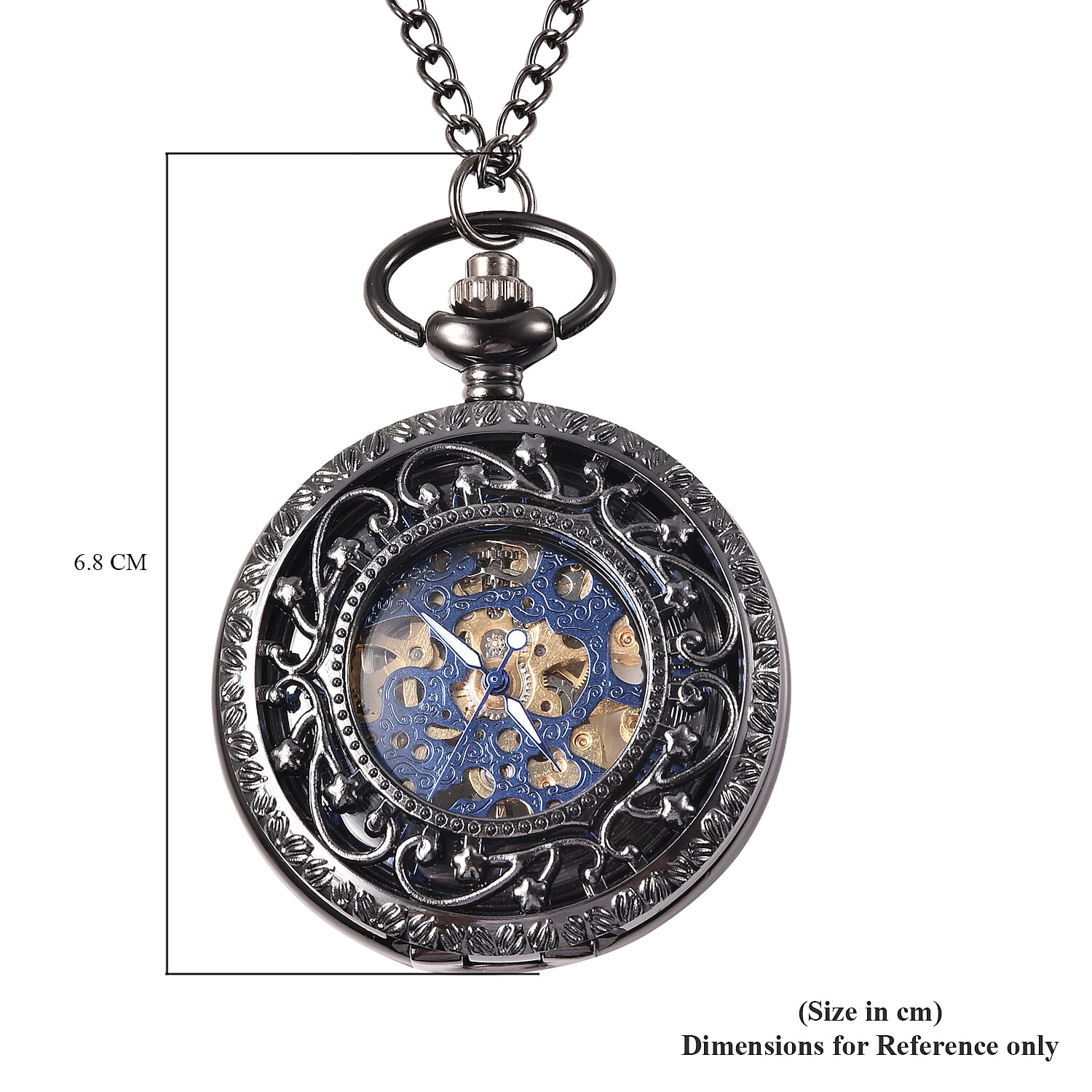 GENOA Automatic Mechanical Hollow-Out Star Pattern Skeleton Pocket Watch with Chain in Black Tone