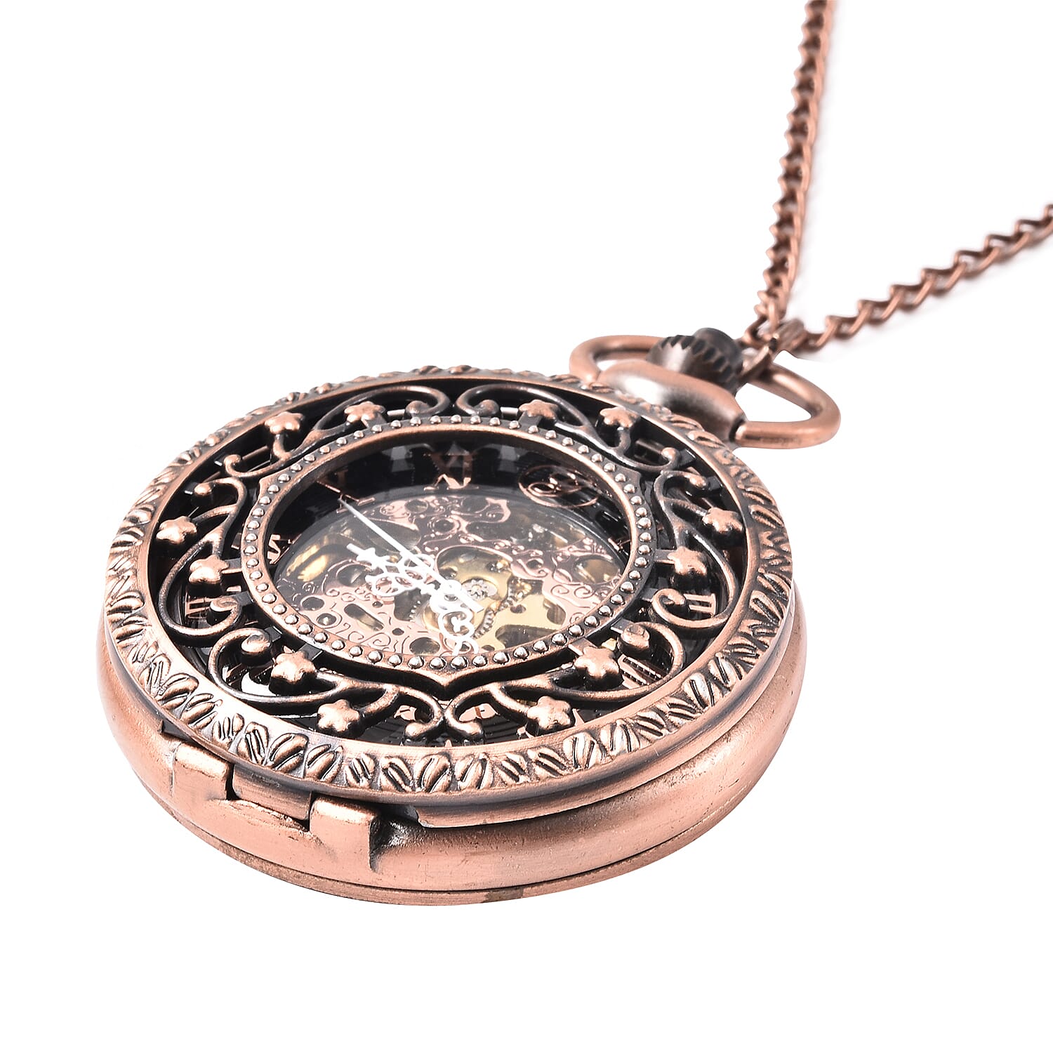 GENOA Automatic Mechanical Hollow-Out Star Pattern Skeleton Pocket Watch with Chain in Antique Rose Gold Tone