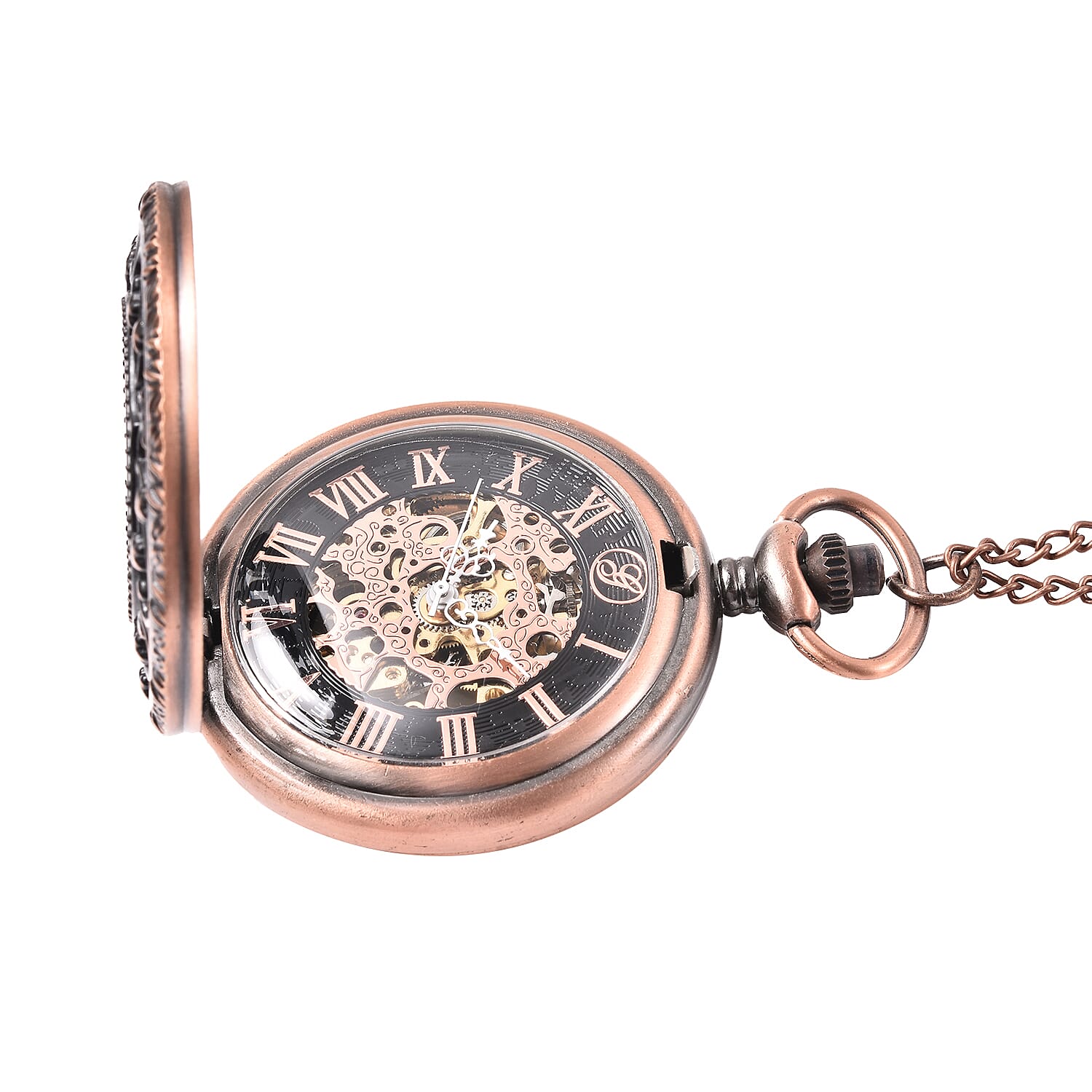 GENOA Automatic Mechanical Hollow-Out Star Pattern Skeleton Pocket Watch with Chain in Antique Rose Gold Tone