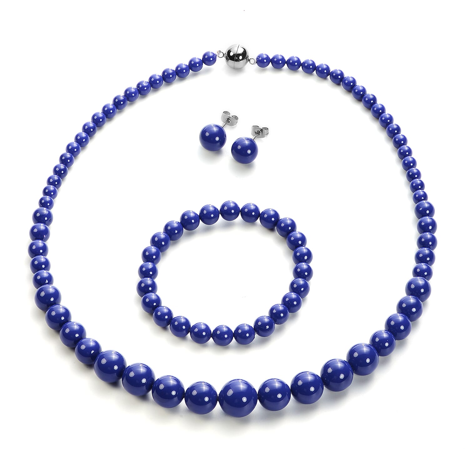 3 Piece Set - Tanzanite Colour Shell Pearl Stretchable Bracelet (Size 7), Necklace (Size 20 with Magnetic Lock) and Earrings (with Push Back) in Stainless Steel