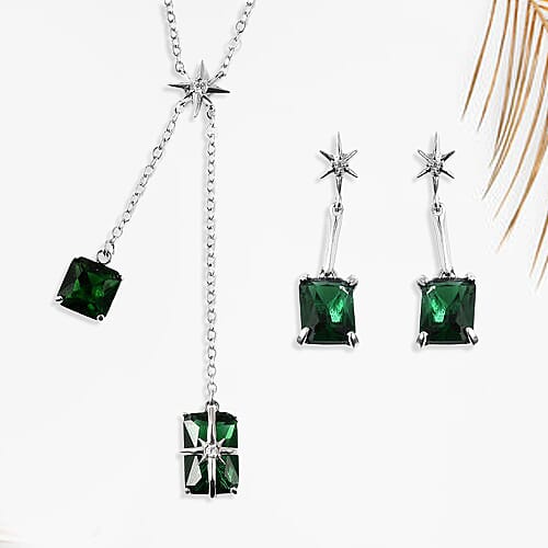 Set of 2 - Simulated Green Sapphire Necklace (Size 20 with 3 inch Extender) & Earrings (with Push Back) in Silver Tone