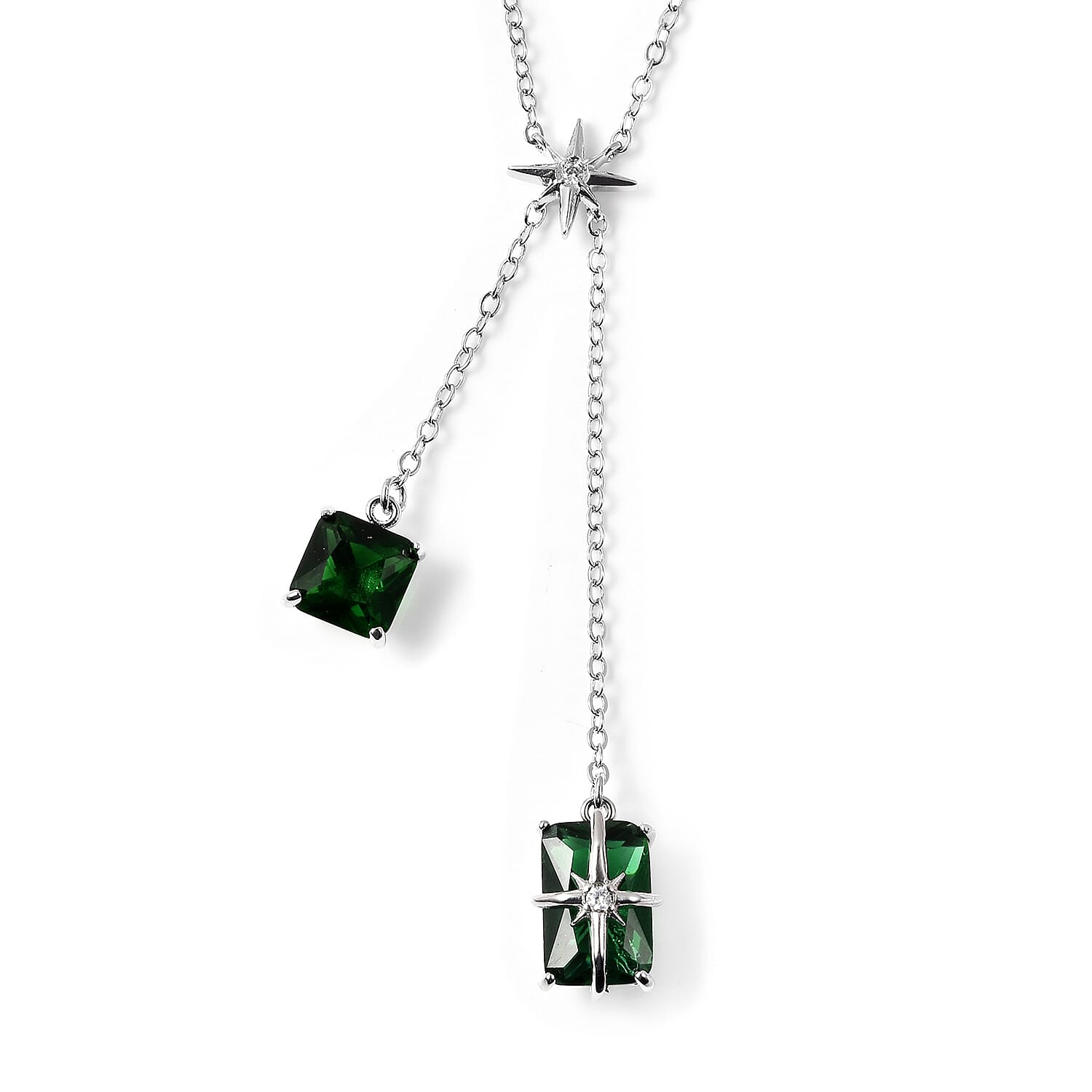 Set of 2 - Simulated Green Sapphire Necklace (Size 20 with 3 inch Extender) & Earrings (with Push Back) in Silver Tone