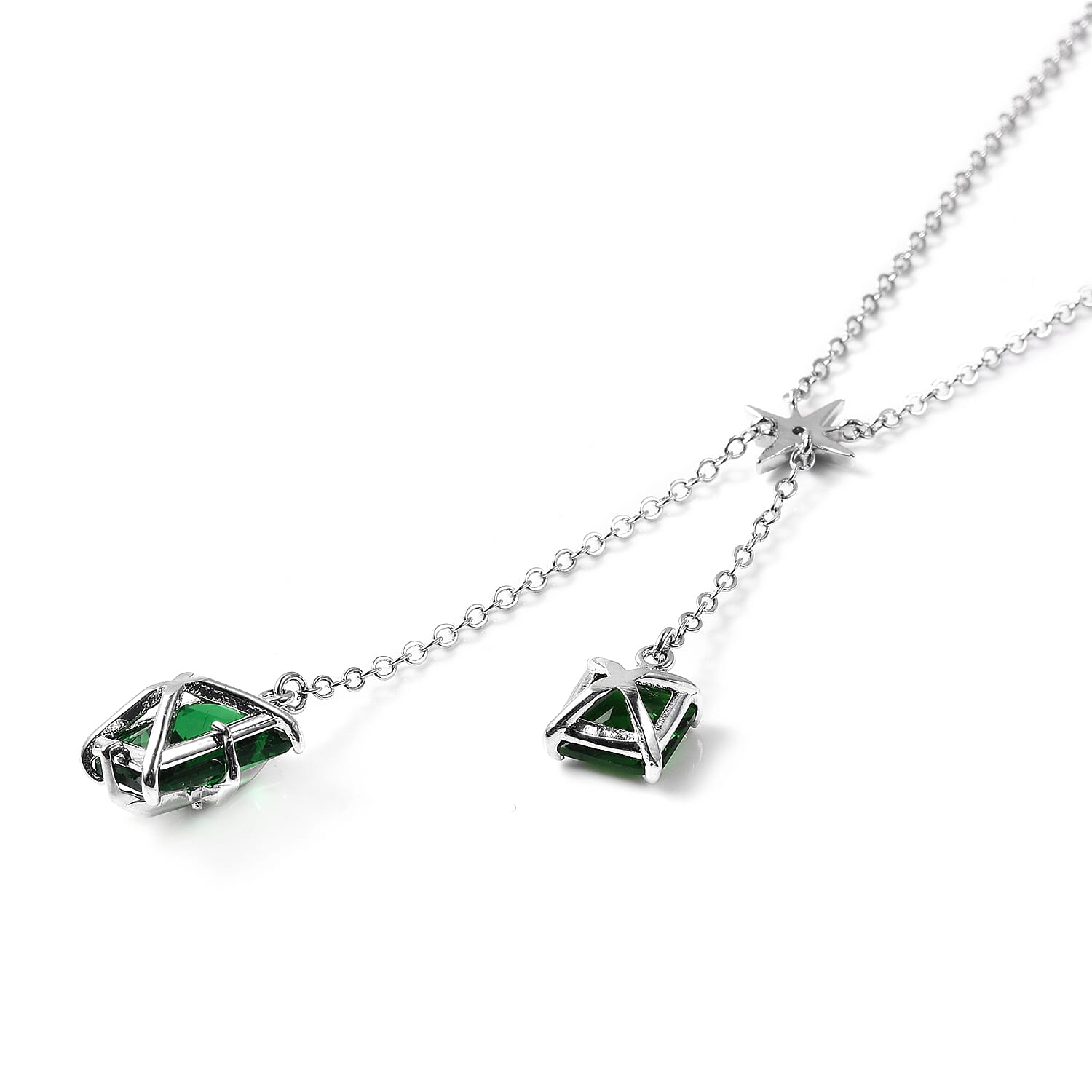 Set of 2 - Simulated Green Sapphire Necklace (Size 20 with 3 inch Extender) & Earrings (with Push Back) in Silver Tone