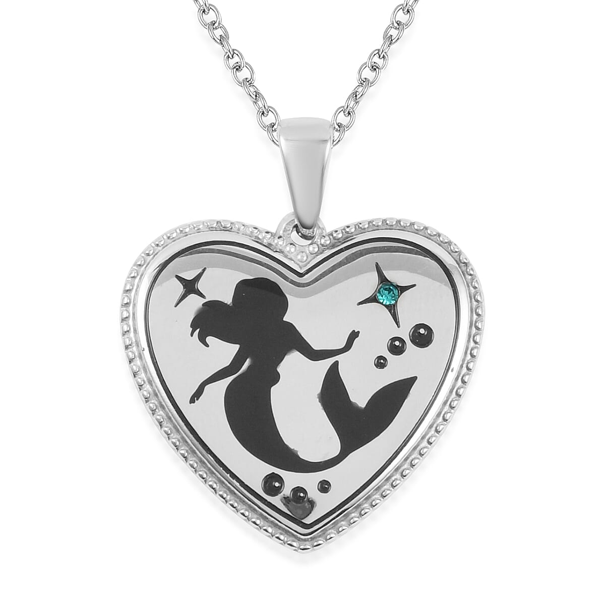 Disney Austrian Crystal Little Mermaid Black Silhouette Heart Pendant Necklace (Size 18 with 2 inch Extender) in Stainless Steel