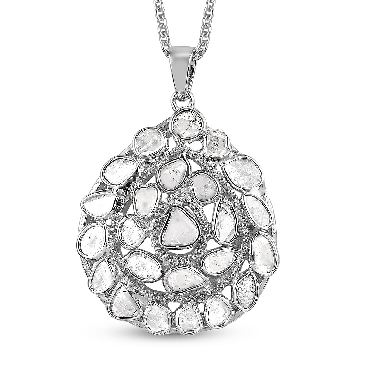 Artisan Crafted Polki Diamond Pendant With Chain (Size 18) in Platinum Overlay Sterling Silver 1.70 Ct., Silver wt 5.50 Gms