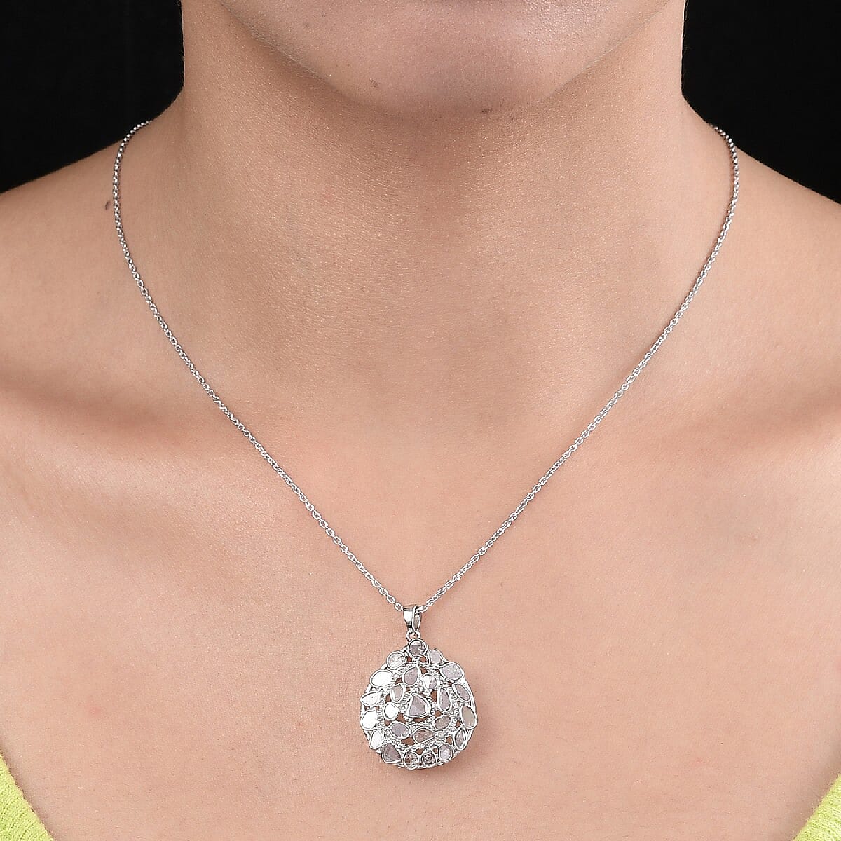 Artisan Crafted Polki Diamond Pendant With Chain (Size 18) in Platinum Overlay Sterling Silver 1.70 Ct., Silver wt 5.50 Gms
