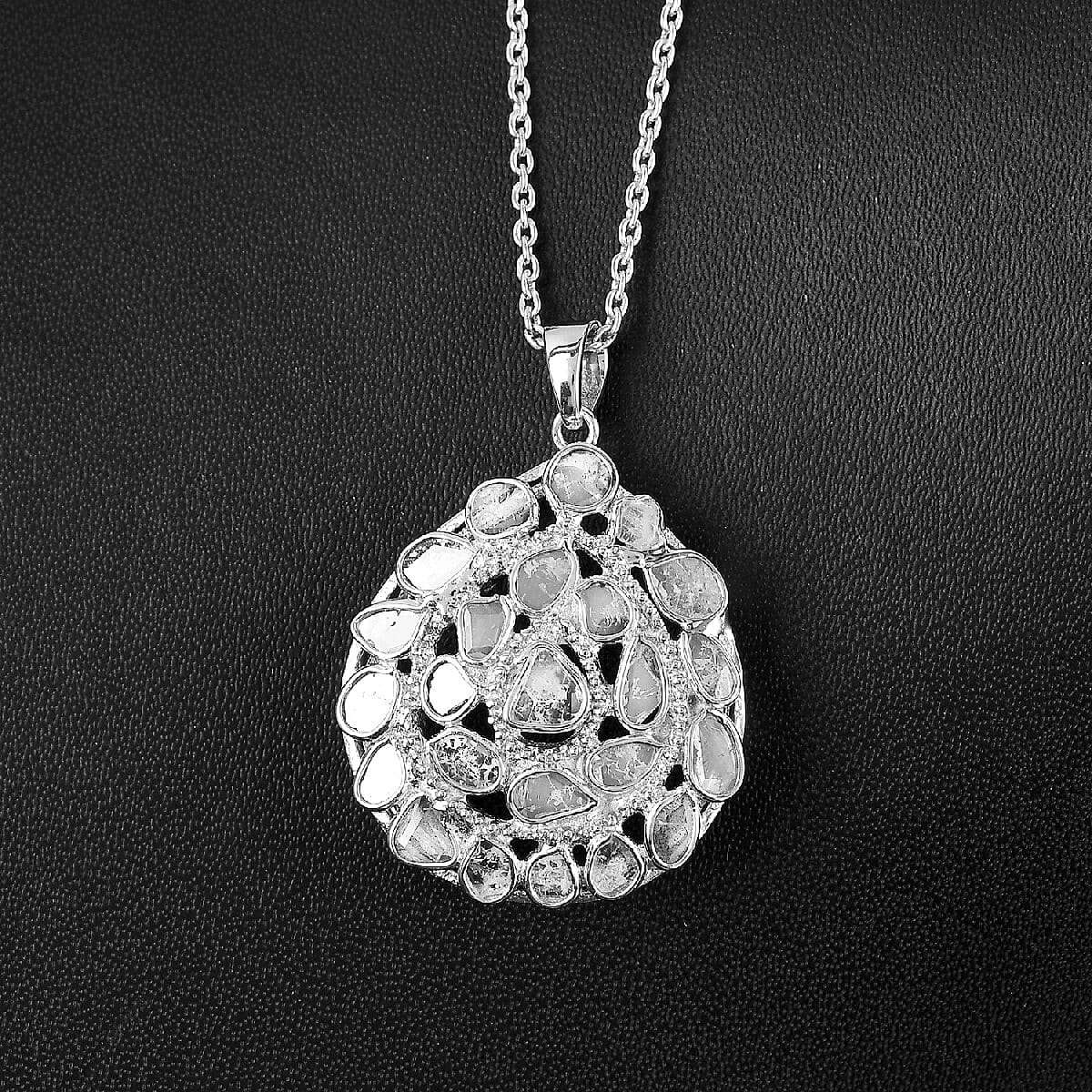 Artisan Crafted Polki Diamond Pendant With Chain (Size 18) in Platinum Overlay Sterling Silver 1.70 Ct., Silver wt 5.50 Gms