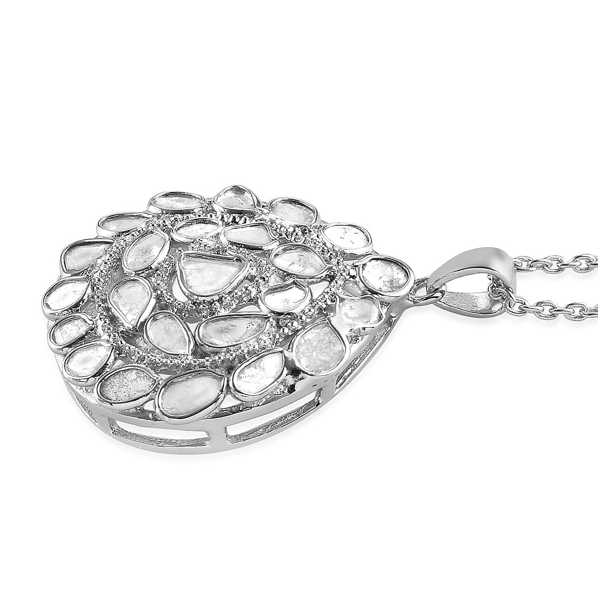 Artisan Crafted Polki Diamond Pendant With Chain (Size 18) in Platinum Overlay Sterling Silver 1.70 Ct., Silver wt 5.50 Gms