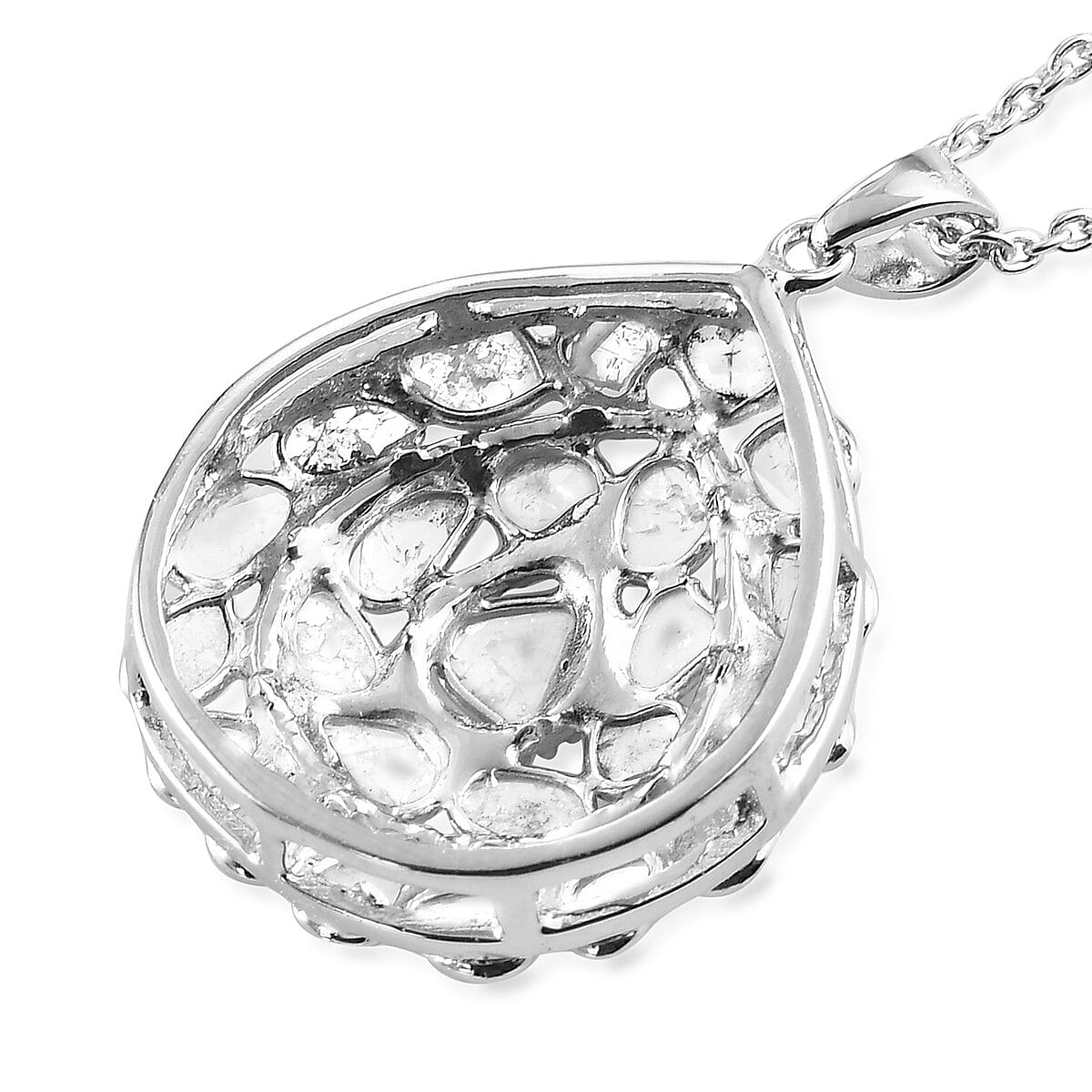 Artisan Crafted Polki Diamond Pendant With Chain (Size 18) in Platinum Overlay Sterling Silver 1.70 Ct., Silver wt 5.50 Gms