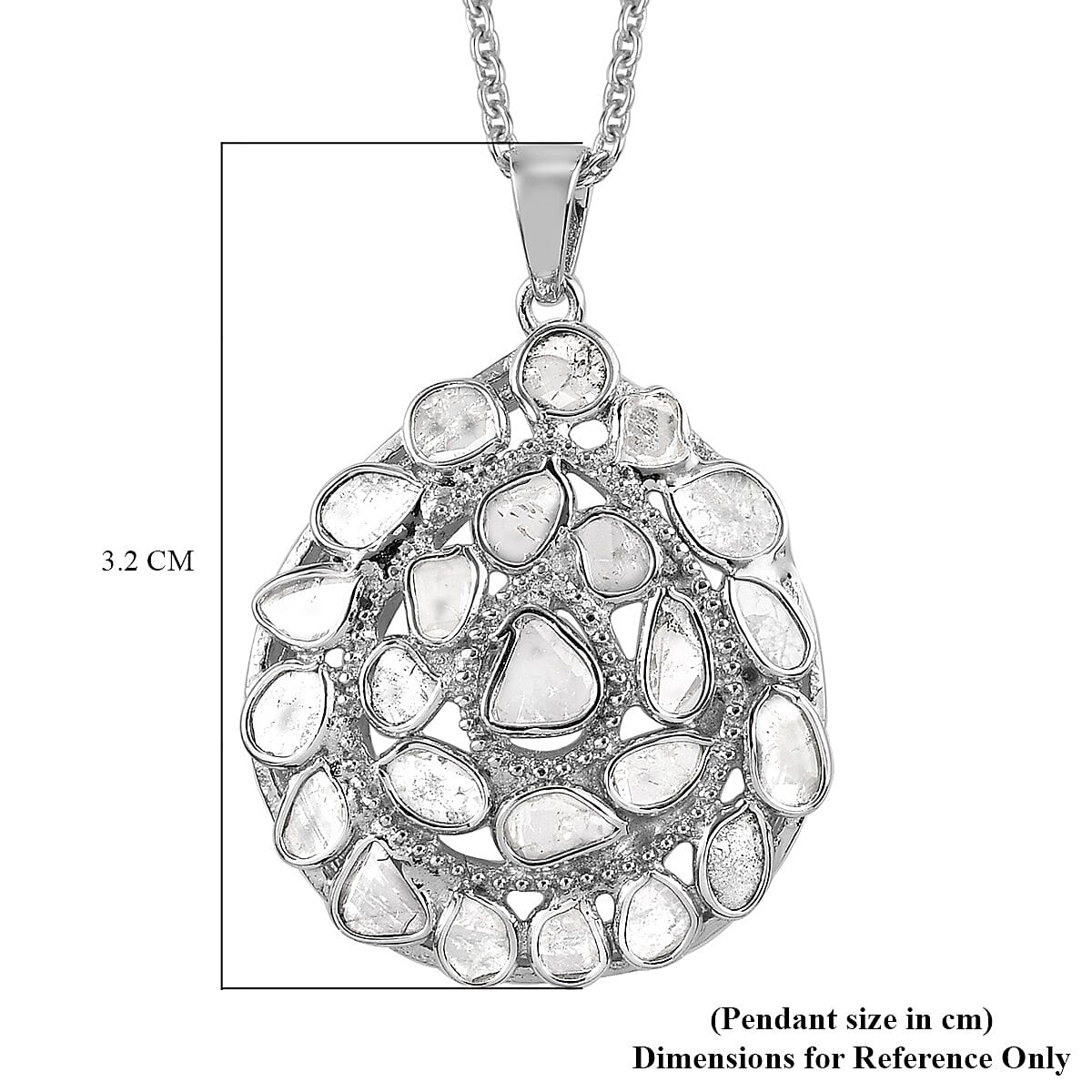 Artisan Crafted Polki Diamond Pendant With Chain (Size 18) in Platinum Overlay Sterling Silver 1.70 Ct., Silver wt 5.50 Gms