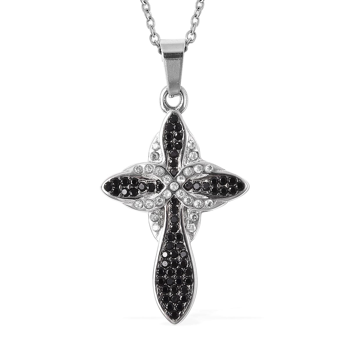 Black Spinel and Simulated Diamond Cross Pendant with Chain (Size 20) in Stainless Steel 5.45 Ct.