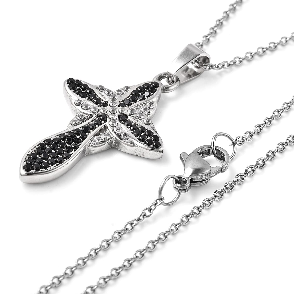 Black Spinel and Simulated Diamond Cross Pendant with Chain (Size 20) in Stainless Steel 5.45 Ct.