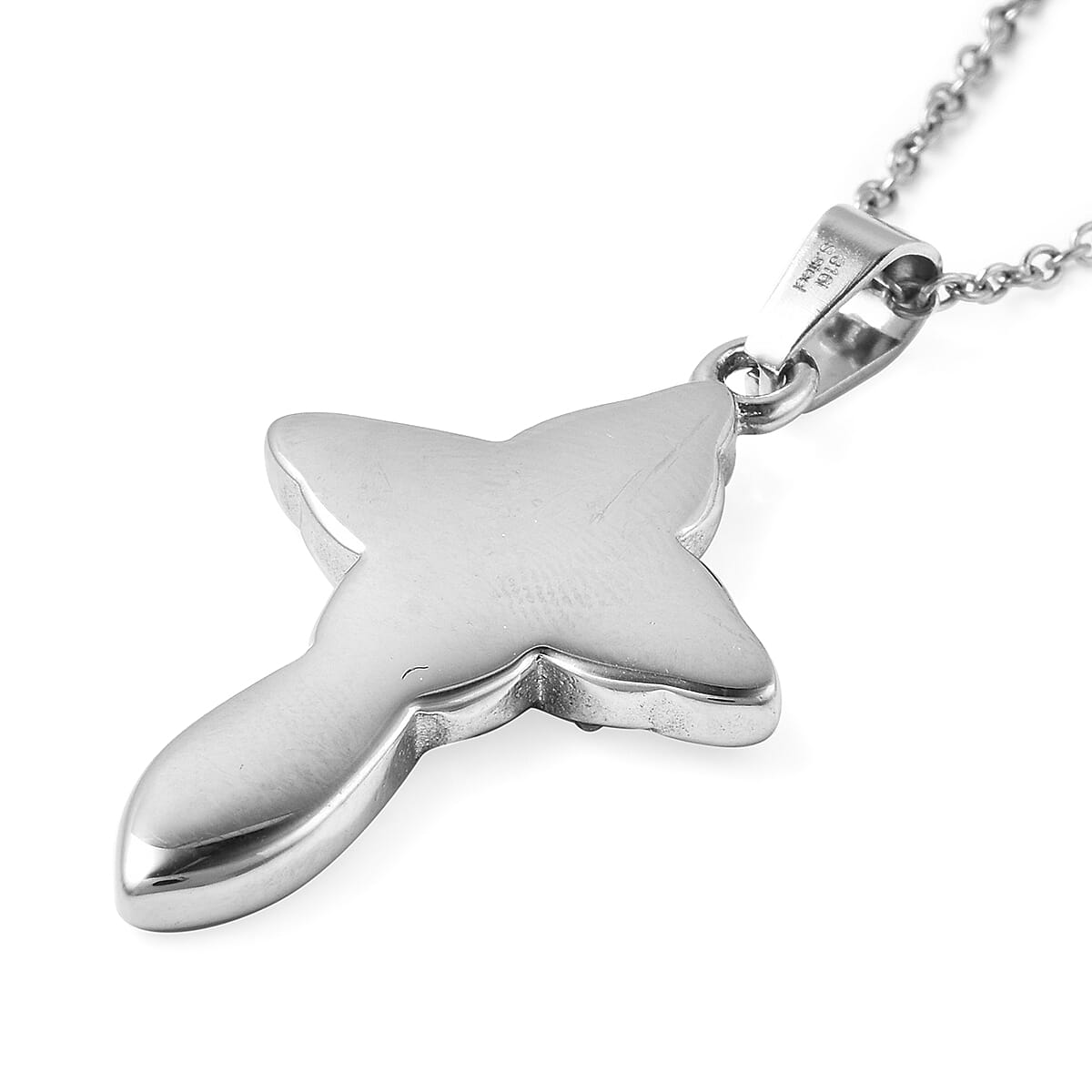 Black Spinel and Simulated Diamond Cross Pendant with Chain (Size 20) in Stainless Steel 5.45 Ct.