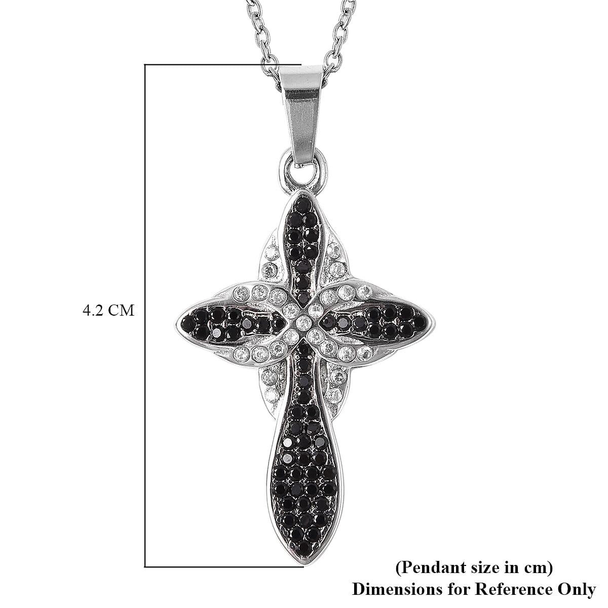 Black Spinel and Simulated Diamond Cross Pendant with Chain (Size 20) in Stainless Steel 5.45 Ct.