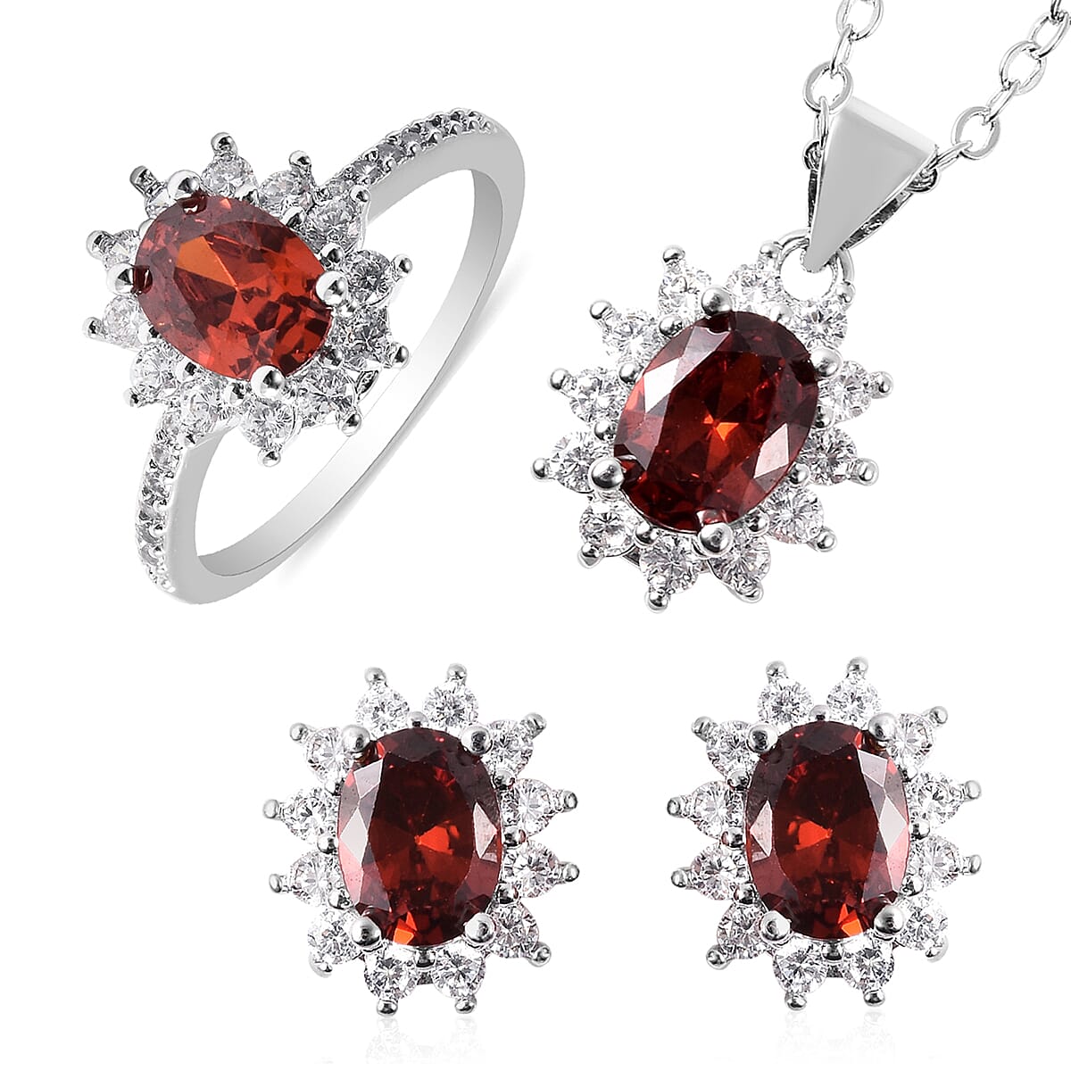 3 Piece Set - Mozambique Red Garnet and Simulated Diamond Sunburst Theme Ring, Stud Earrings (with Push Back) and Pendant with Chain (Size 20 with 2 inch Extender) in Silver Tone