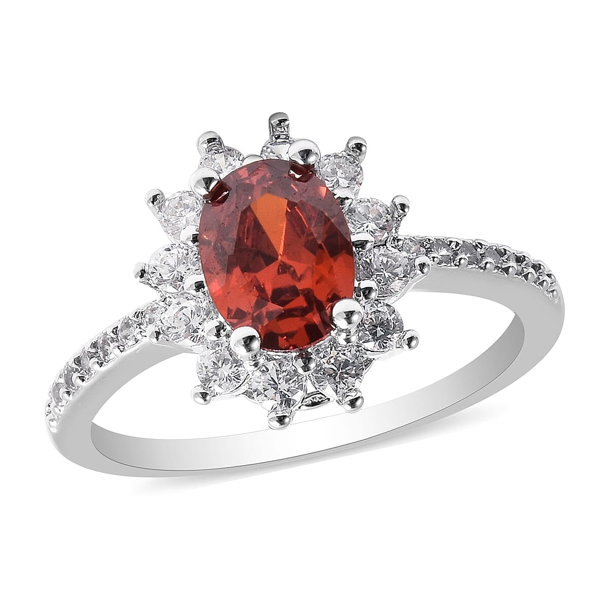 3 Piece Set - Mozambique Red Garnet and Simulated Diamond Sunburst Theme Ring, Stud Earrings (with Push Back) and Pendant with Chain (Size 20 with 2 inch Extender) in Silver Tone