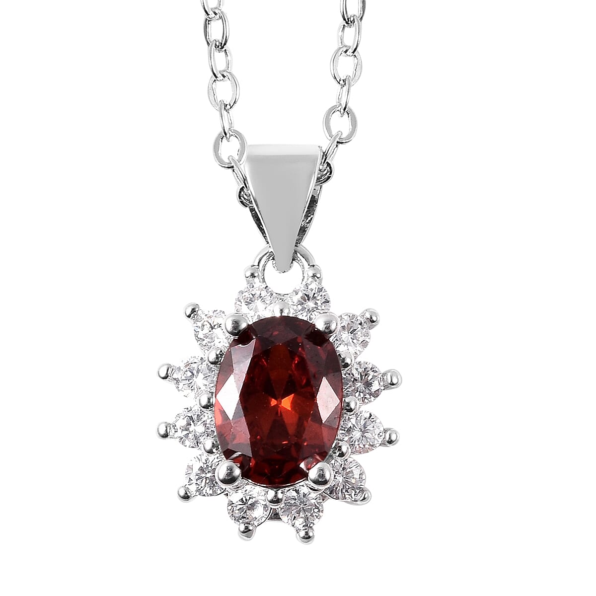 3 Piece Set - Mozambique Red Garnet and Simulated Diamond Sunburst Theme Ring, Stud Earrings (with Push Back) and Pendant with Chain (Size 20 with 2 inch Extender) in Silver Tone