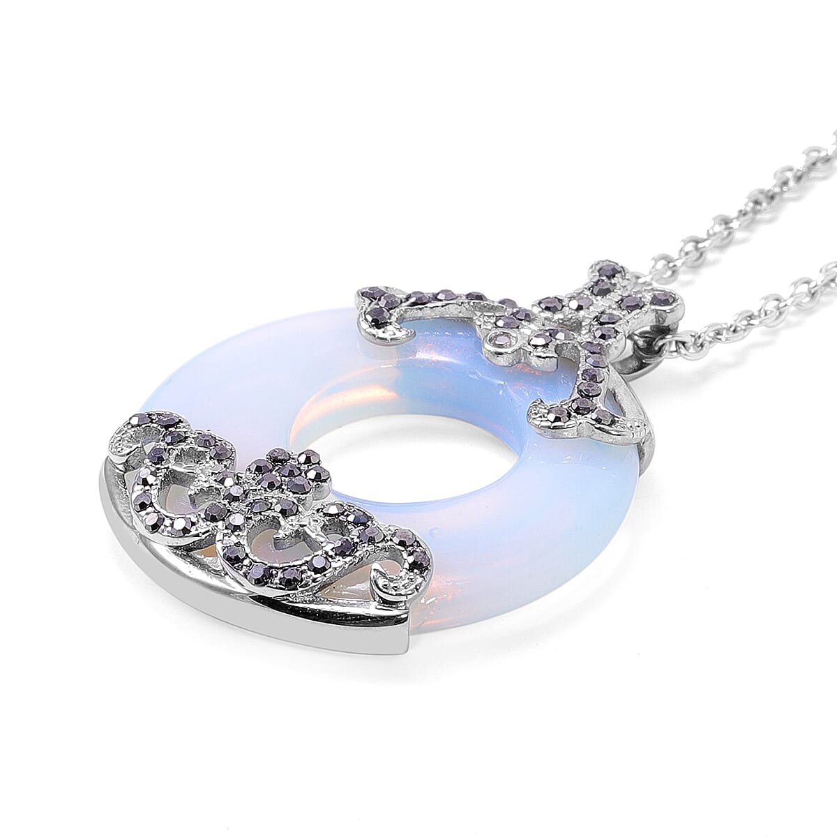Opalite and Hematitie Colour Austrian Crystal Pendant with Chain in Stainless Steel