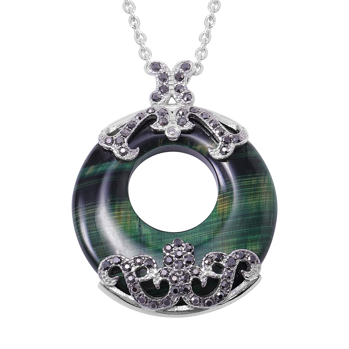 Green Tigers Eye and Hematitie Colour Austrian Crystal Pendant with Chain in Stainless Steel