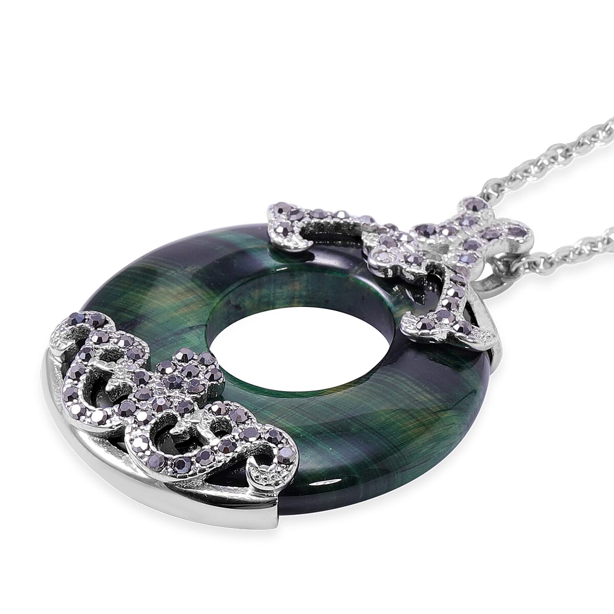 Green Tigers Eye and Hematitie Colour Austrian Crystal Pendant with Chain in Stainless Steel
