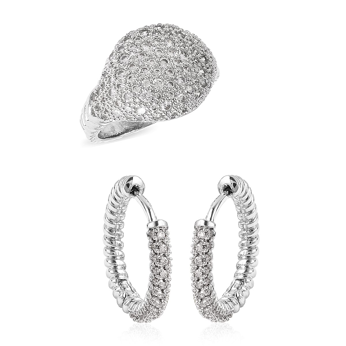 2 Piece Set -  Simulated Diamond Dome Ring and Hoop Earrings (with Clasp) in Silver Tone