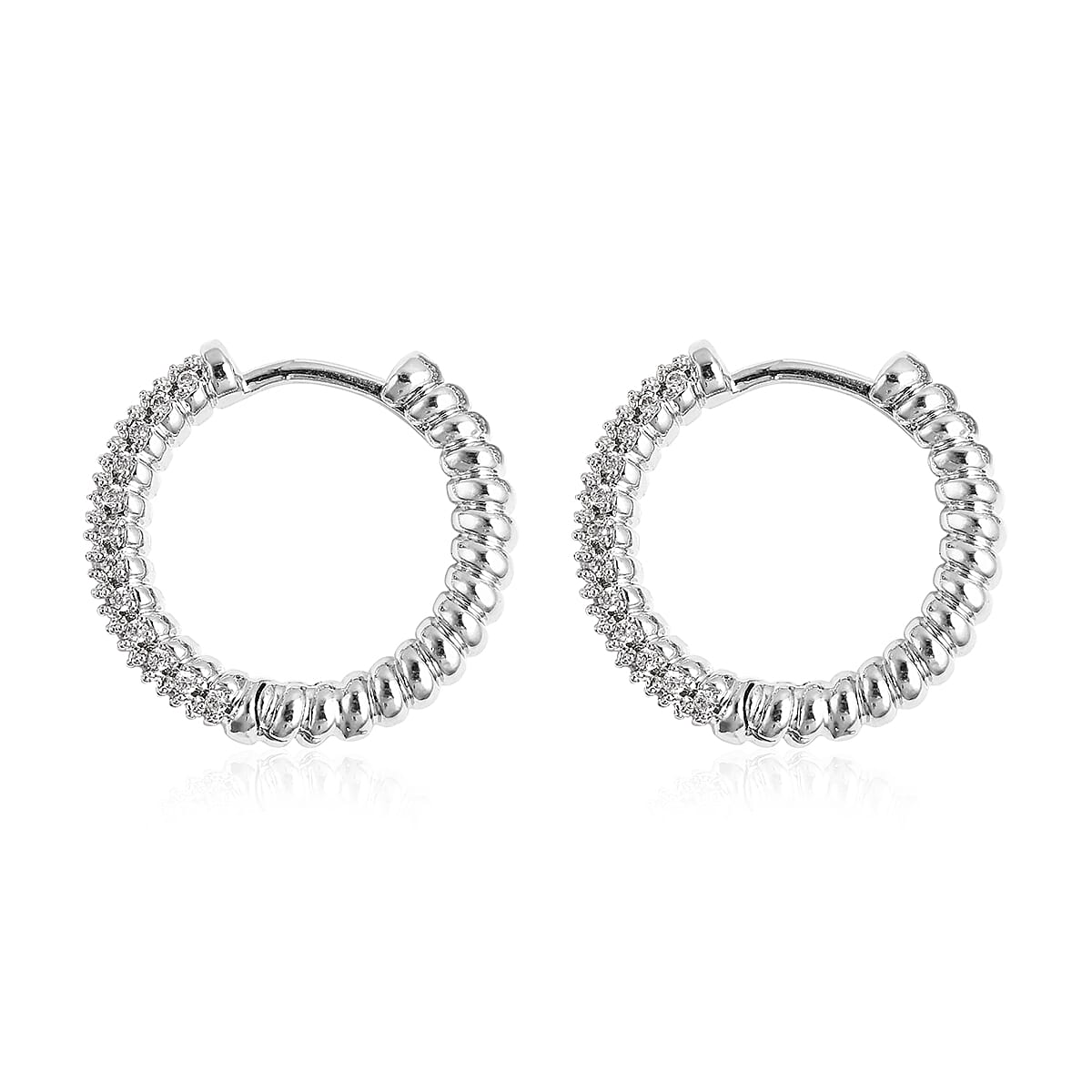 2 Piece Set - Simulated Diamond Dome Ring and Hoop Earrings (with Clasp) in Silver Tone
