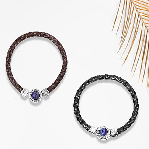 Set of 2 - Rose Quartz and Lapis Lazuli Leather Bracelet in Stainless Steel