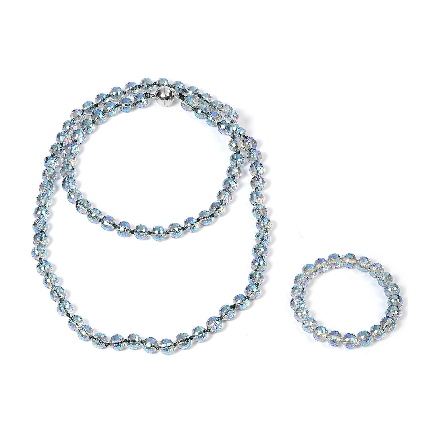 2 Piece Set - Simulated Green AB Crystal Necklace (Size 36) with Magnetic Lock and Stretchable Bracelet (Size 7) in Stainless Steel