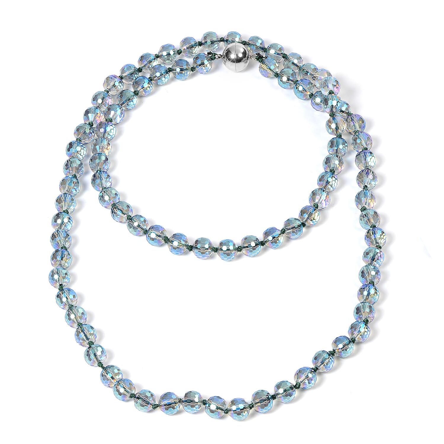 2 Piece Set - Simulated Green AB Crystal Necklace (Size 36) with Magnetic Lock and Stretchable Bracelet (Size 7) in Stainless Steel