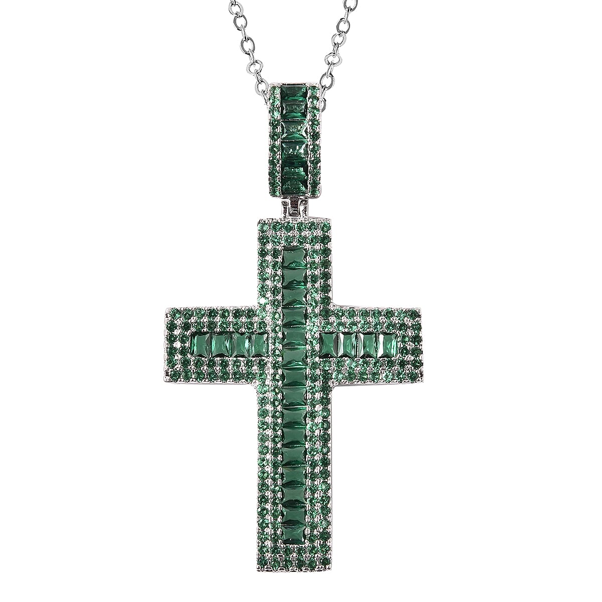 Simulated Emerald Cross Pendant with Chain (Size 20 with 2 inch Extender) in Silver Tone