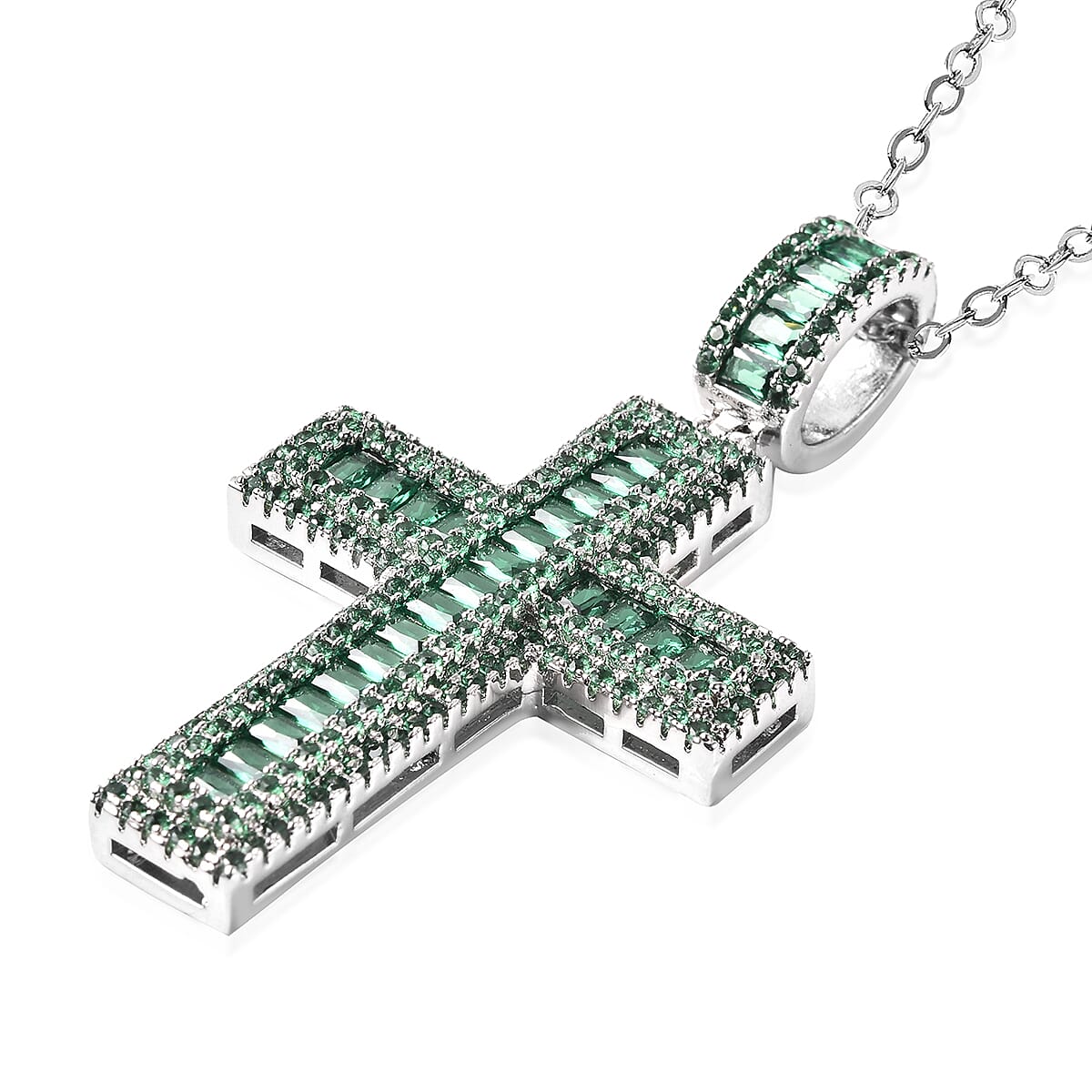 Simulated Emerald Cross Pendant with Chain (Size 20 with 2 inch Extender) in Silver Tone