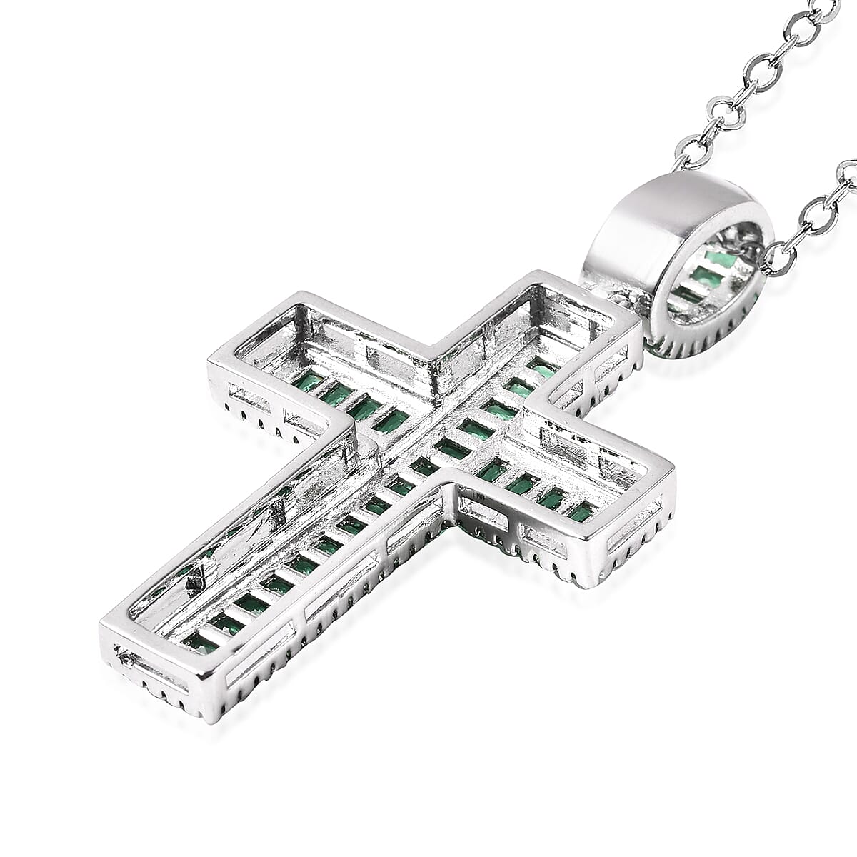 Simulated Emerald Cross Pendant with Chain (Size 20 with 2 inch Extender) in Silver Tone