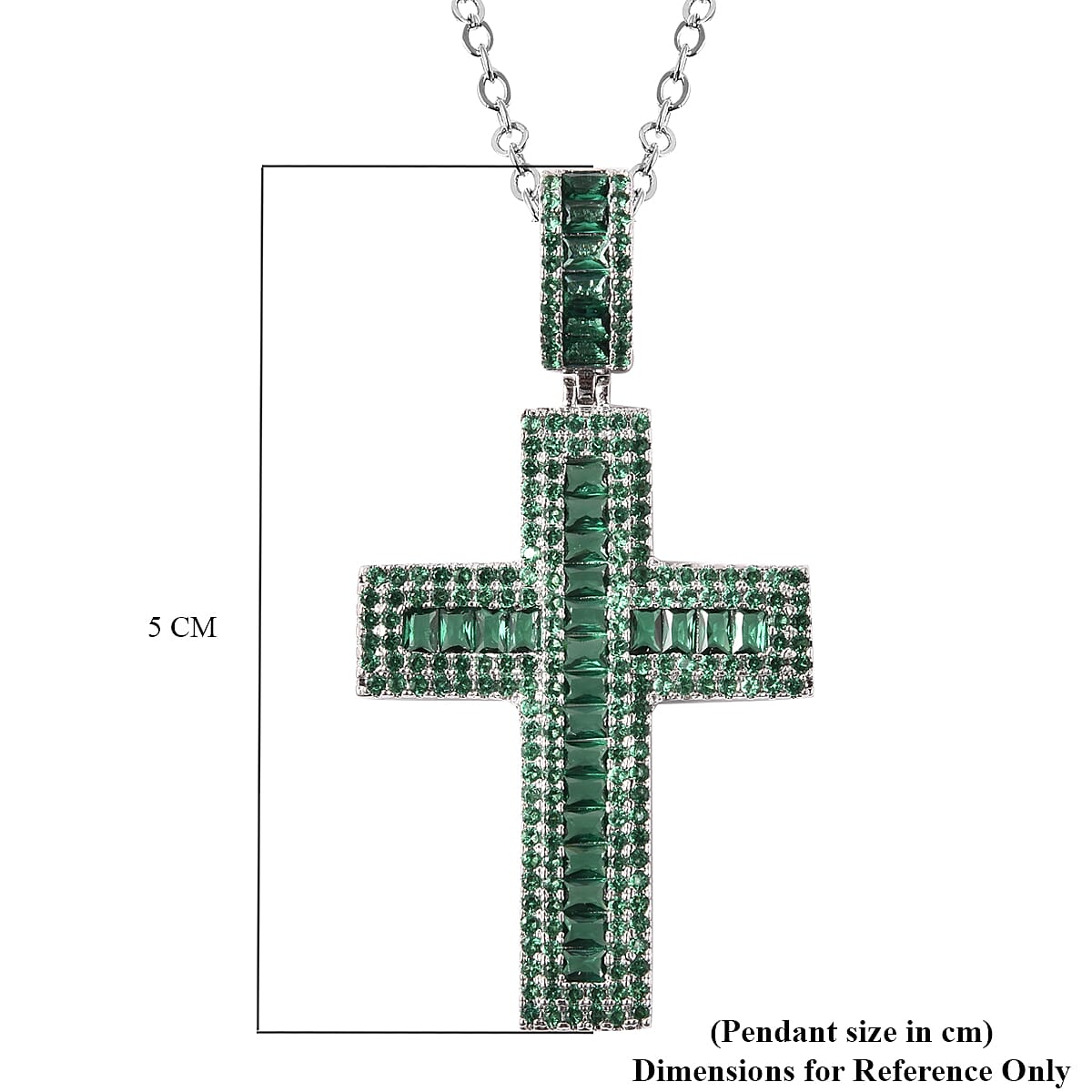 Simulated Emerald Cross Pendant with Chain (Size 20 with 2 inch Extender) in Silver Tone
