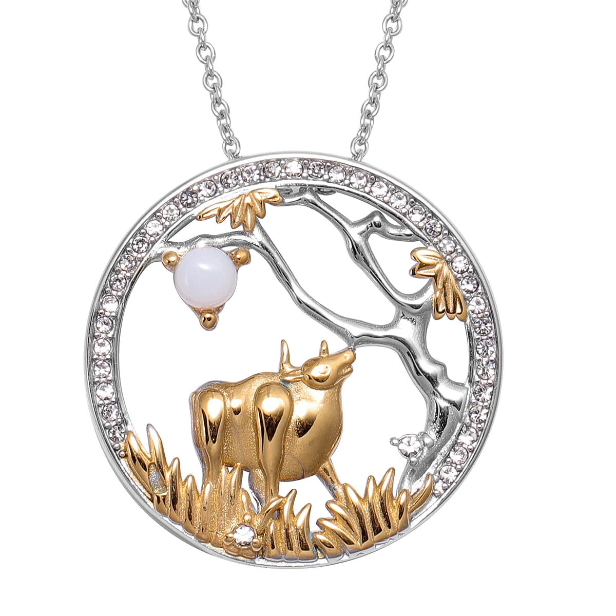 Opalite and White Austrian Crystal Ox Pendant with Chain (Size 24) in Gold Tone and Plain Stainless Steel