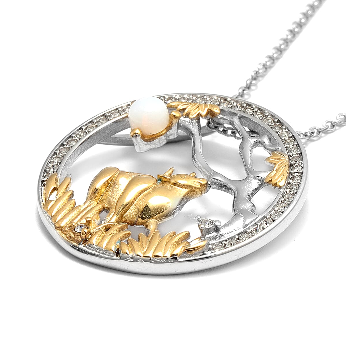 Opalite and White Austrian Crystal Ox Pendant with Chain (Size 24) in Gold Tone and Plain Stainless Steel
