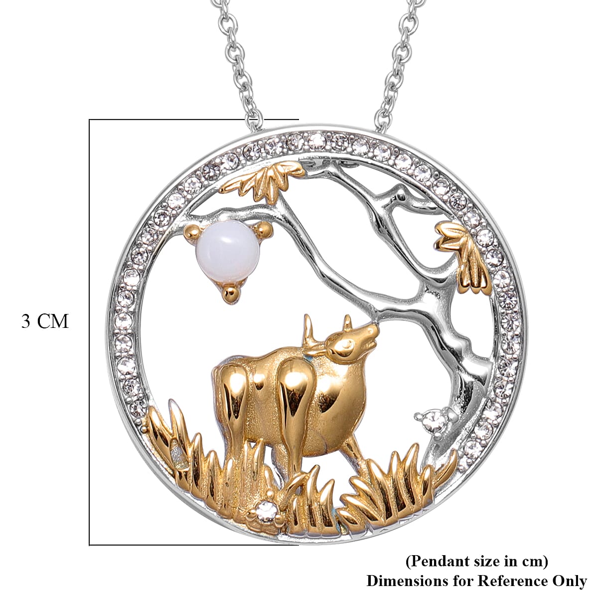 Opalite and White Austrian Crystal Ox Pendant with Chain (Size 24) in Gold Tone and Plain Stainless Steel