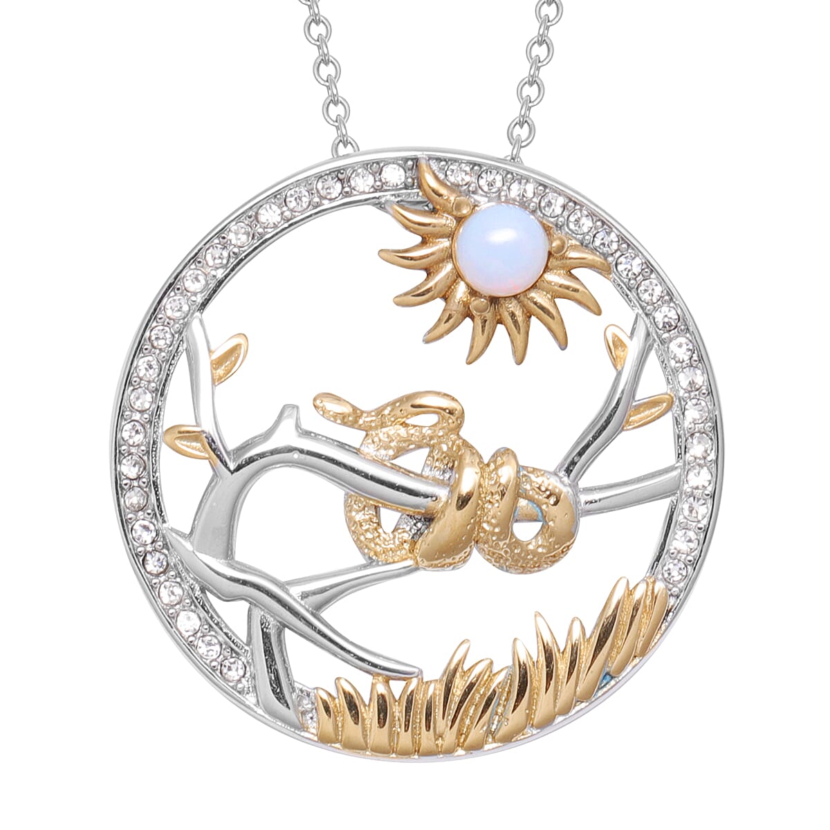 Opalite and White Austrian Crystal Snake  Pendant with Chain (Size 24) in Gold Tone and Plain Stainless Steel